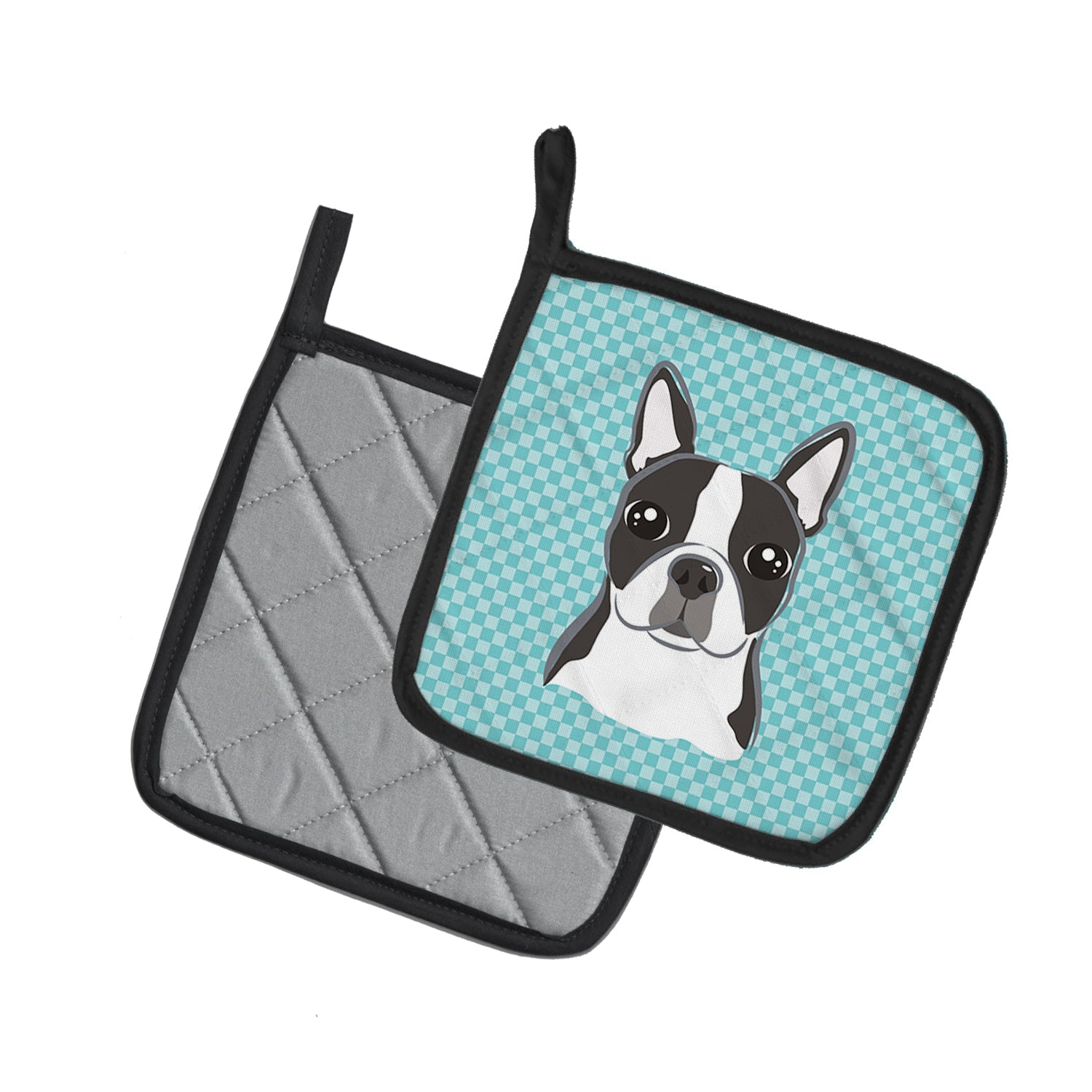 Checkerboard Blue Boston Terrier Pot Holder Set of 2 Heat Resistant Quilted Hot Pads 7.5 x 7.5 Inch, Insulated Kitchen Trivets for Cooking & Baking