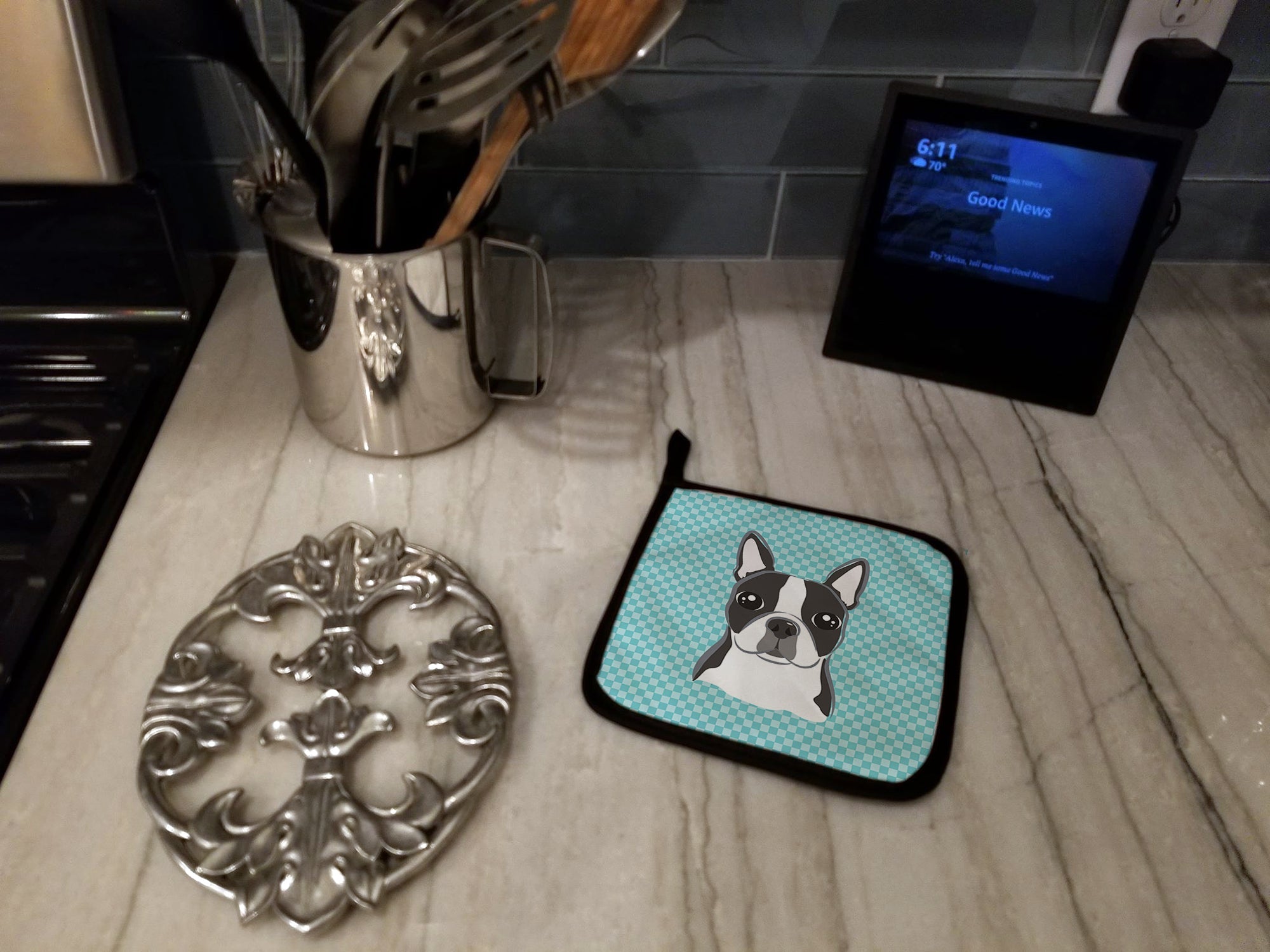 Checkerboard Blue Boston Terrier Pot Holder Set of 2 Heat Resistant Quilted Hot Pads 7.5 x 7.5 Inch, Insulated Kitchen Trivets for Cooking & Baking