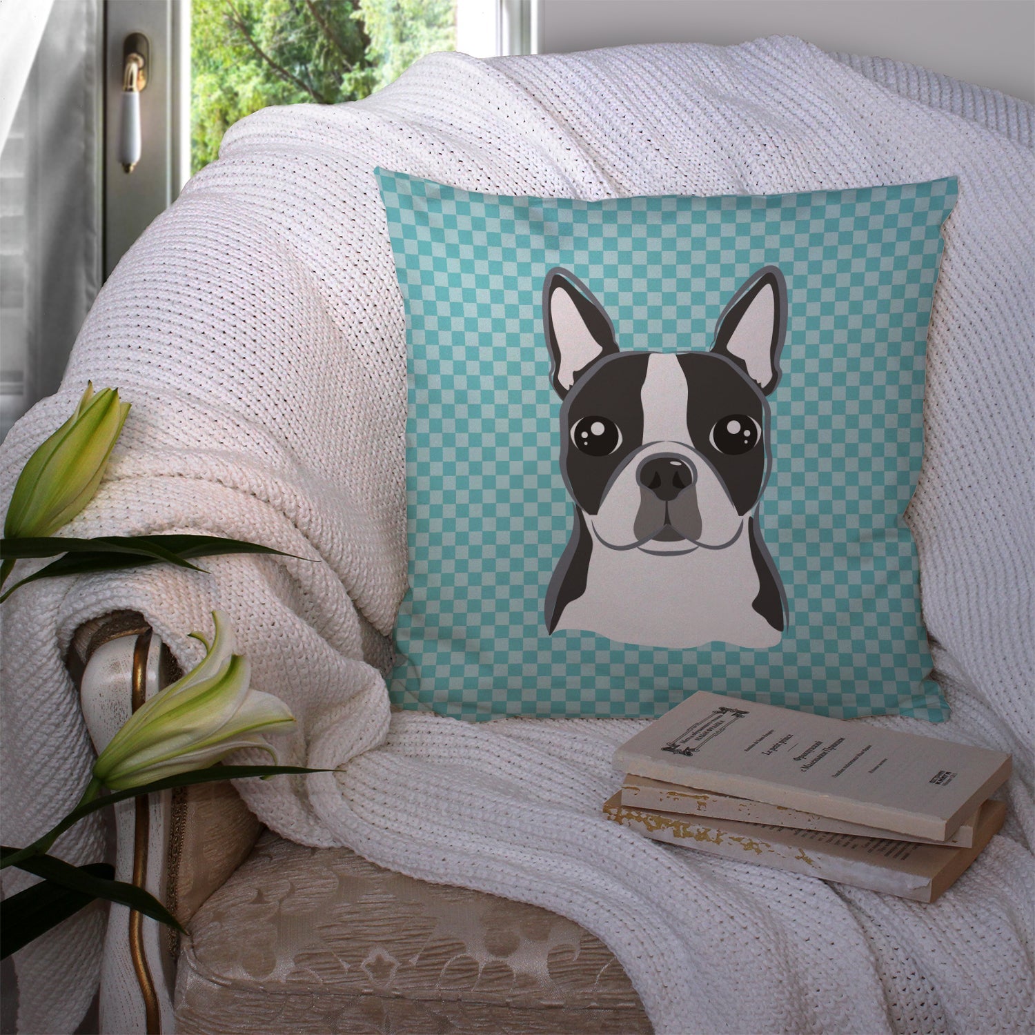 Checkerboard Blue Boston Terrier Decorative Throw Pillow 14x14 Indoor Outdoor Accent Cushion, Fabric Cover with Insert for Sofa, Bed, Porch & Living Room