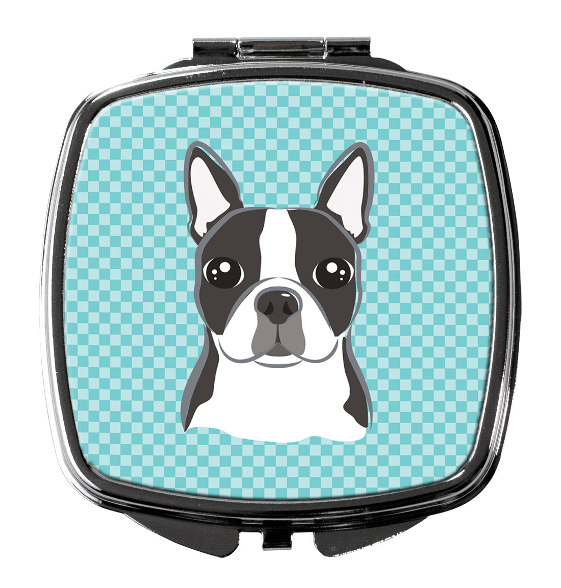 Checkerboard Blue Boston Terrier Compact Mirror Decorative Travel Makeup Mirror for Women Girls Gifts Pocket Makeup Mirror Folding Handheld