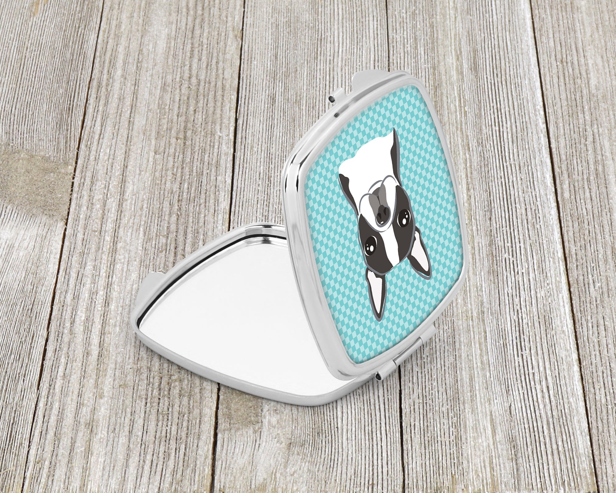 Checkerboard Blue Boston Terrier Compact Mirror Decorative Travel Makeup Mirror for Women Girls Gifts Pocket Makeup Mirror Folding Handheld