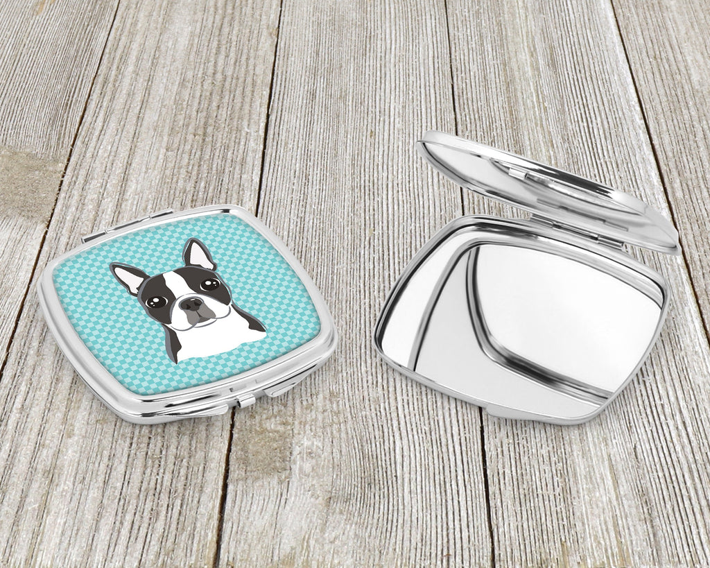 Checkerboard Blue Boston Terrier Compact Mirror Decorative Travel Makeup Mirror for Women Girls Gifts Pocket Makeup Mirror Folding Handheld