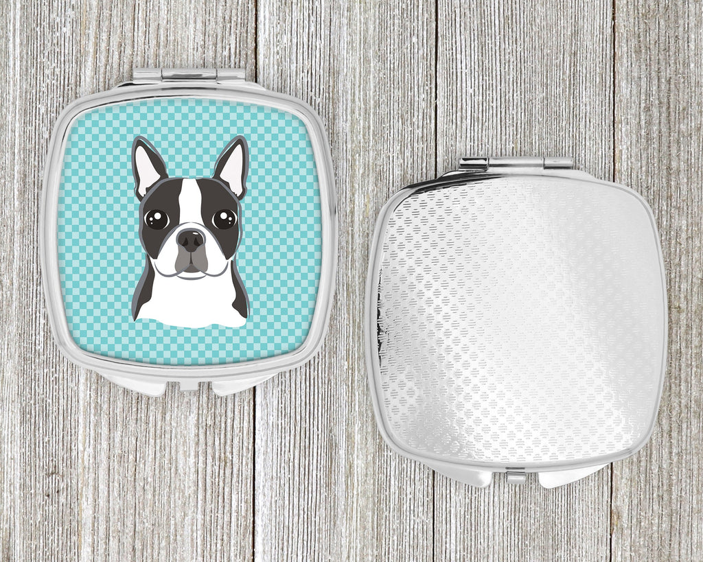 Checkerboard Blue Boston Terrier Compact Mirror Decorative Travel Makeup Mirror for Women Girls Gifts Pocket Makeup Mirror Folding Handheld