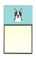 Checkerboard Blue Boston Terrier Watercolor Sticky Note Holder Refillable Dispenser Desk Accessory 3x3 Pad Gift