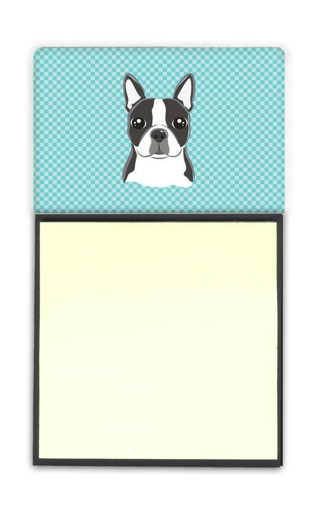 Checkerboard Blue Boston Terrier Watercolor Sticky Note Holder Refillable Dispenser Desk Accessory 3x3 Pad Gift