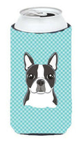 Checkerboard Blue Boston Terrier Tall Boy Hugger Can Cooler Sleeve Machine Washable Drink Collapsible Insulator Beverage Insulated Holder