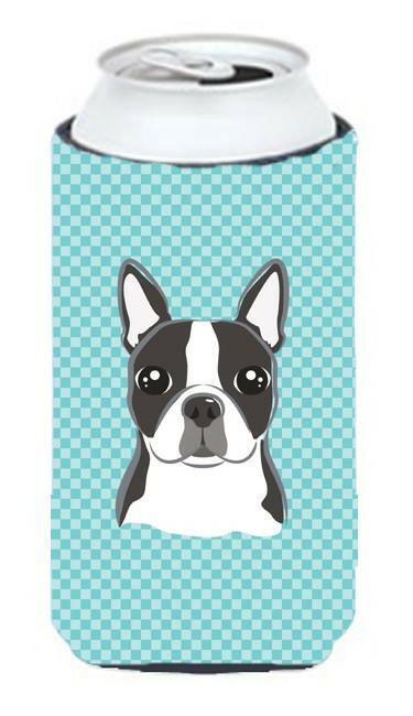 Checkerboard Blue Boston Terrier Tall Boy Hugger Can Cooler Sleeve Machine Washable Drink Collapsible Insulator Beverage Insulated Holder