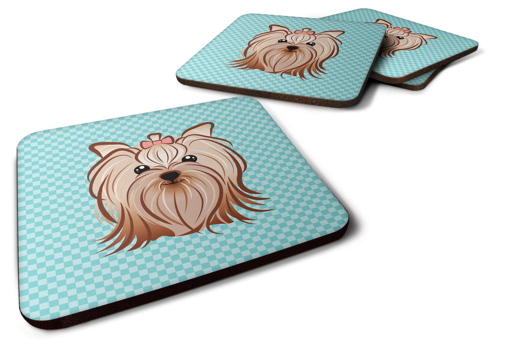 Checkerboard Blue Yorkie Yorkishire Terrier Foam Coasters Set of 4 Cup Coasters for Indoor Outdoor, Tabletop Protection, Anti Slip, Mouse pad Material