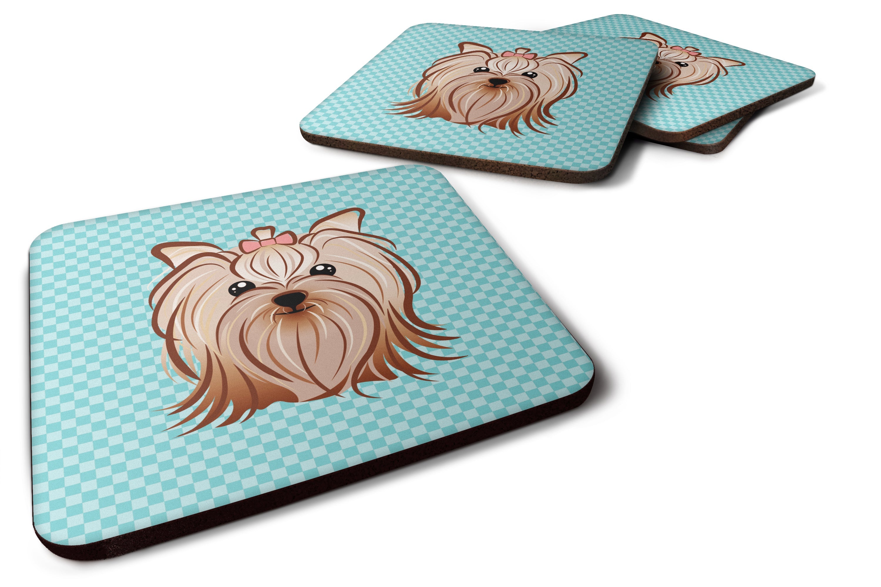 Checkerboard Blue Yorkie Yorkishire Terrier Foam Coasters Set of 4 Cup Coasters for Indoor Outdoor, Tabletop Protection, Anti Slip, Mouse pad Material