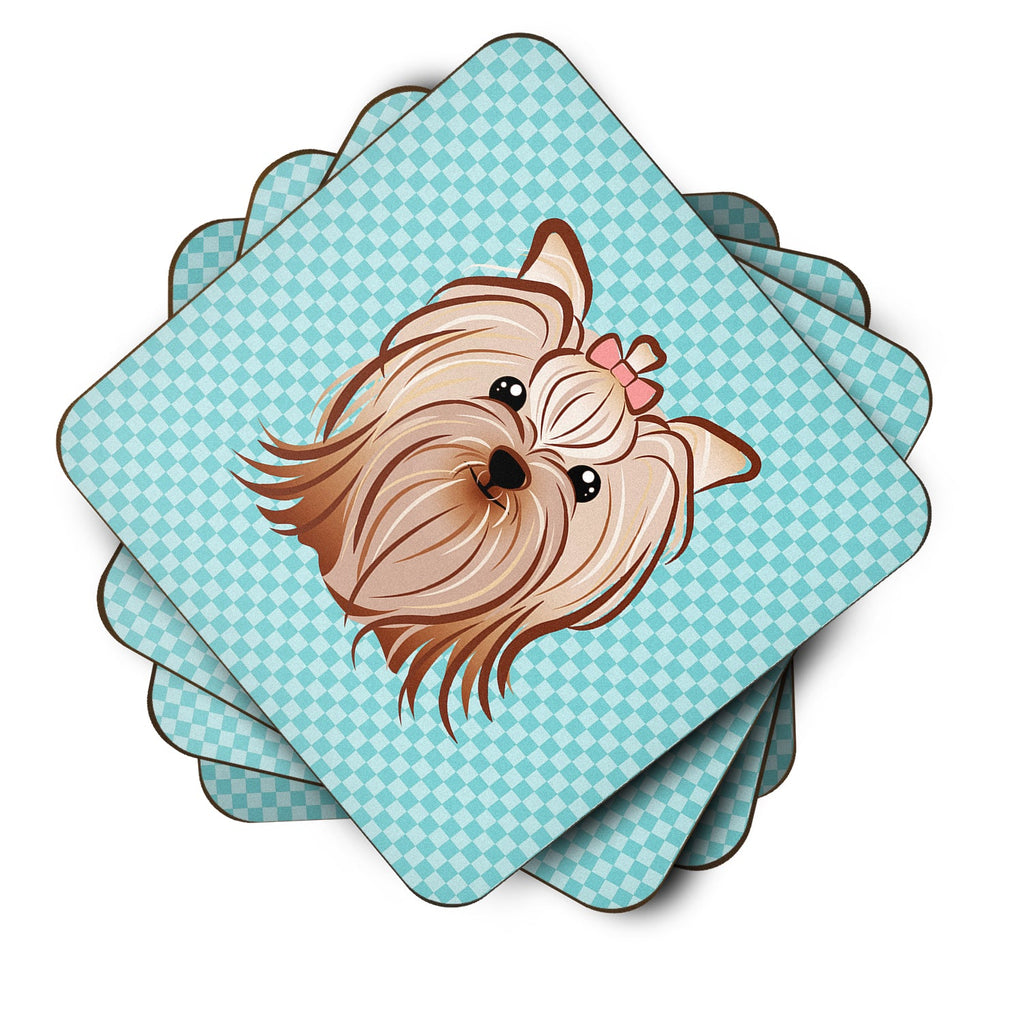 Checkerboard Blue Yorkie Yorkishire Terrier Foam Coasters Set of 4 Cup Coasters for Indoor Outdoor, Tabletop Protection, Anti Slip, Mouse pad Material