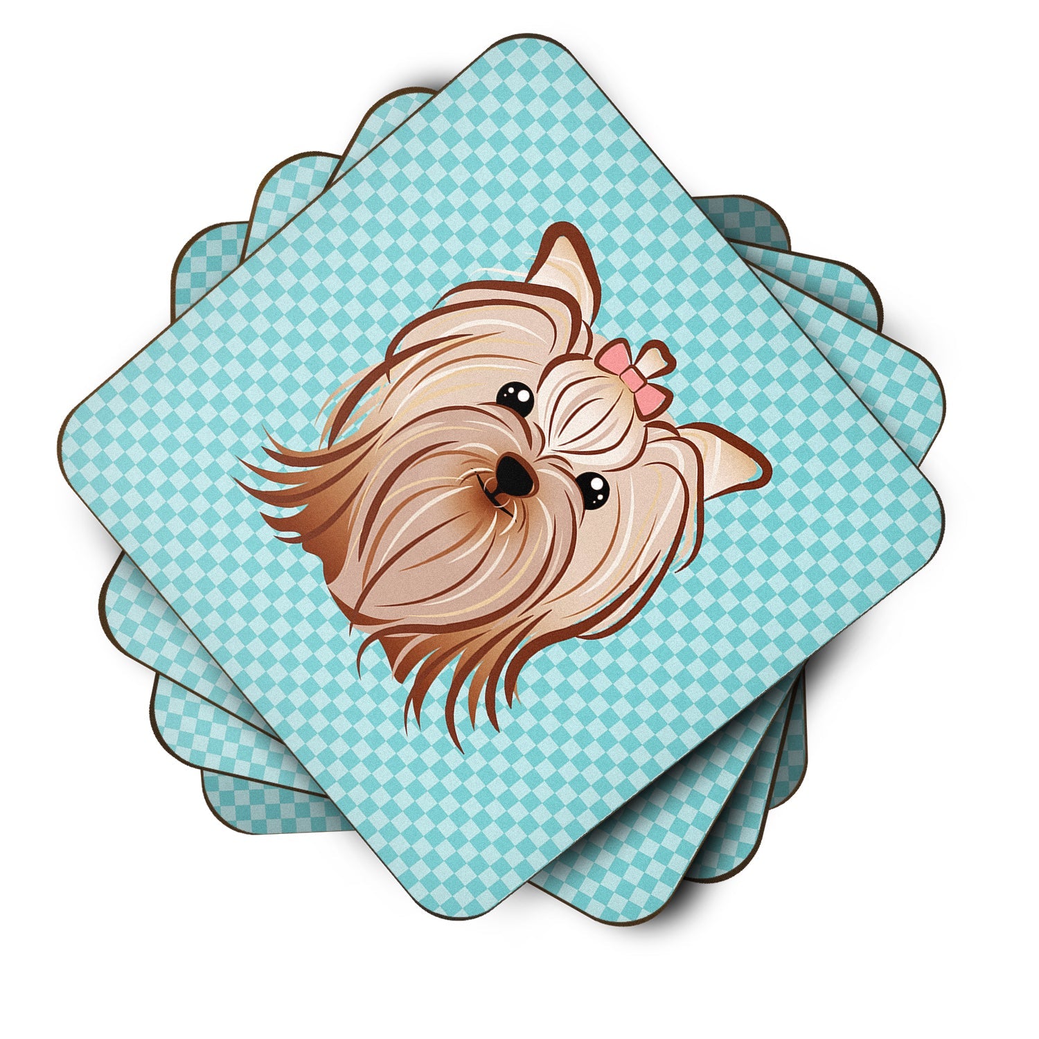 Checkerboard Blue Yorkie Yorkishire Terrier Foam Coasters Set of 4 Cup Coasters for Indoor Outdoor, Tabletop Protection, Anti Slip, Mouse pad Material