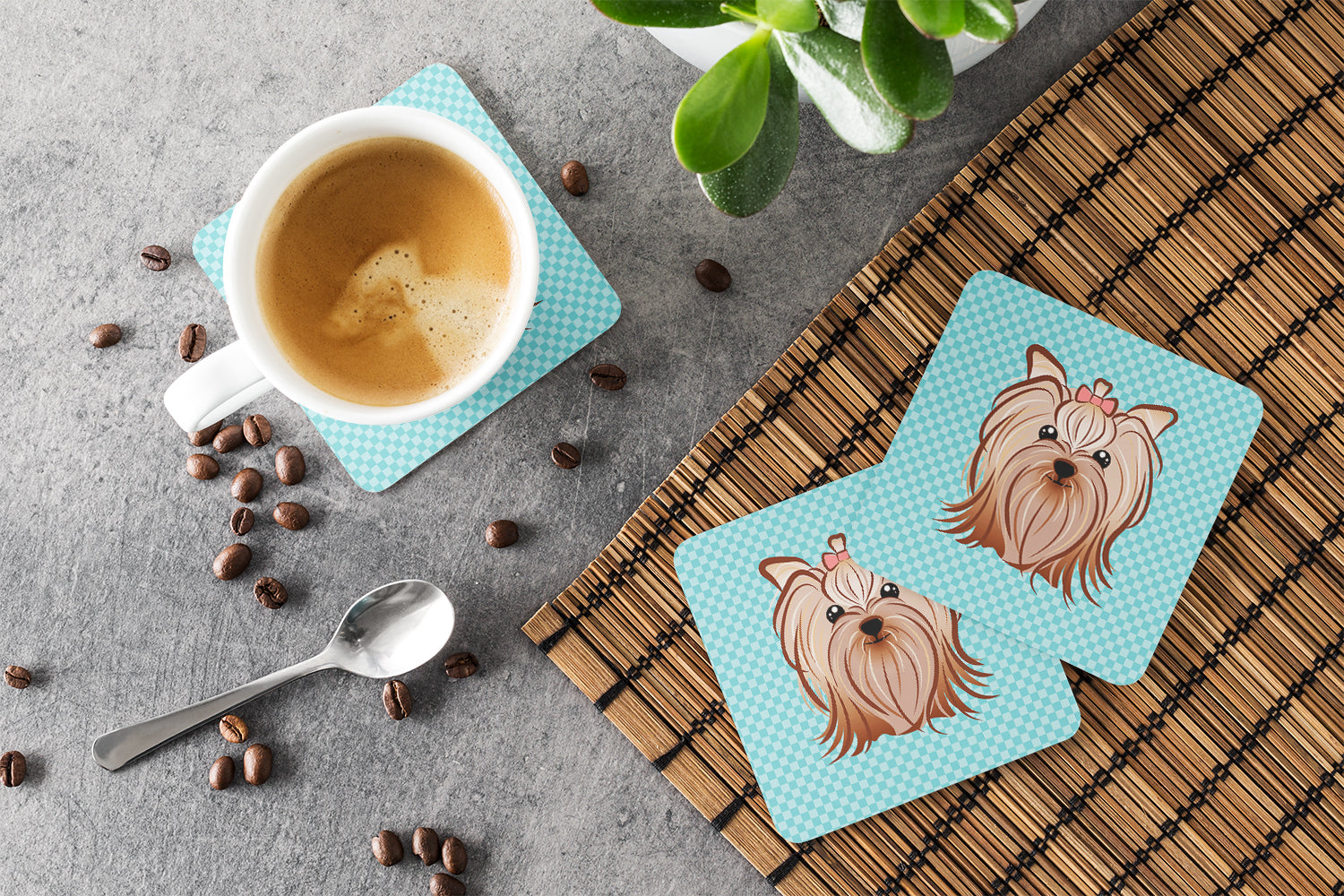 Checkerboard Blue Yorkie Yorkishire Terrier Foam Coasters Set of 4 Cup Coasters for Indoor Outdoor, Tabletop Protection, Anti Slip, Mouse pad Material