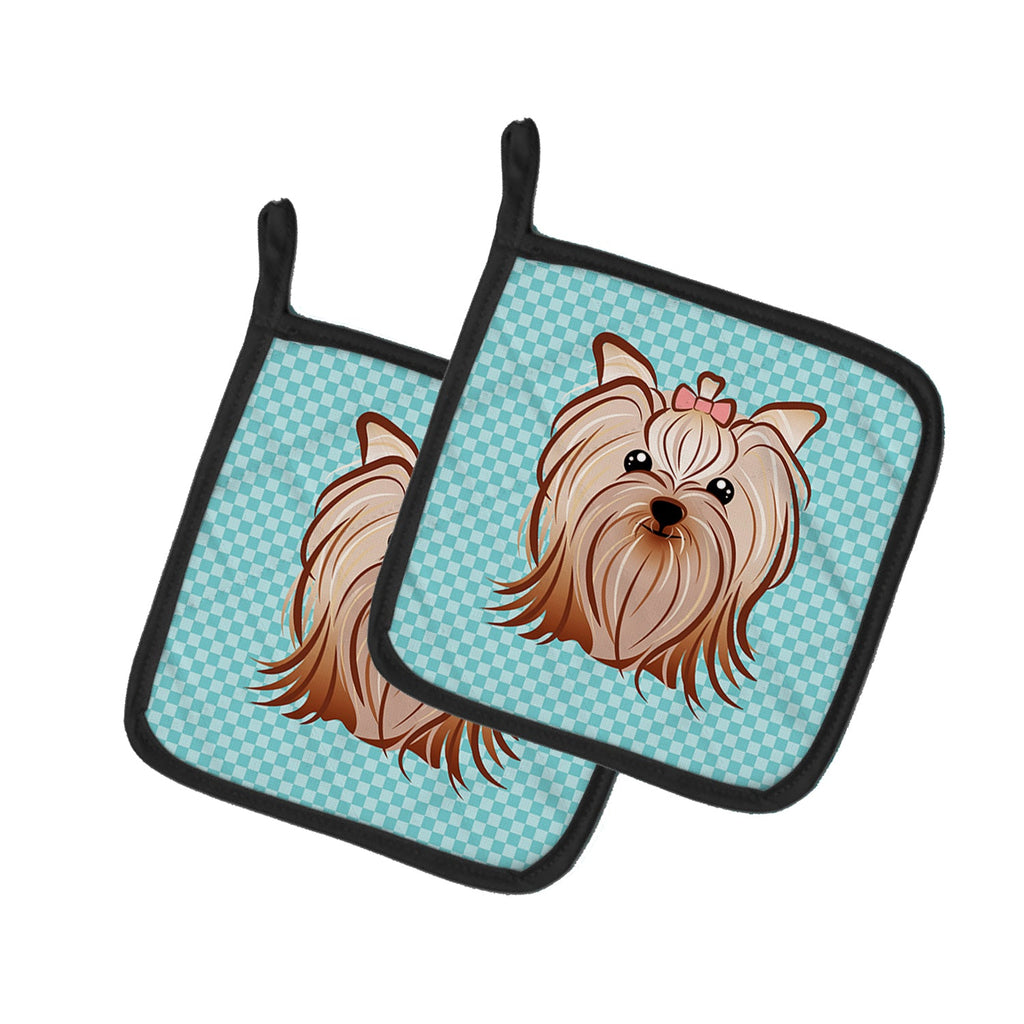Checkerboard Blue Yorkie Yorkishire Terrier Pot Holder Set of 2 Heat Resistant Quilted Hot Pads 7.5 x 7.5 Inch, Insulated Kitchen Trivets for Cooking & Baking