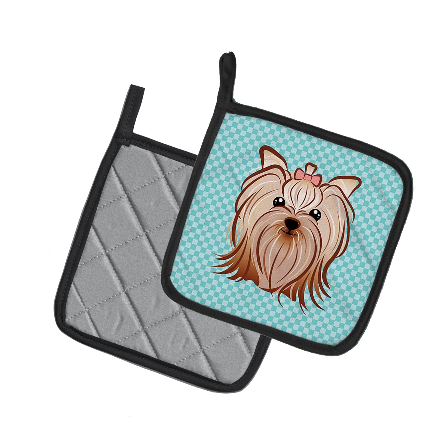 Checkerboard Blue Yorkie Yorkishire Terrier Pot Holder Set of 2 Heat Resistant Quilted Hot Pads 7.5 x 7.5 Inch, Insulated Kitchen Trivets for Cooking & Baking