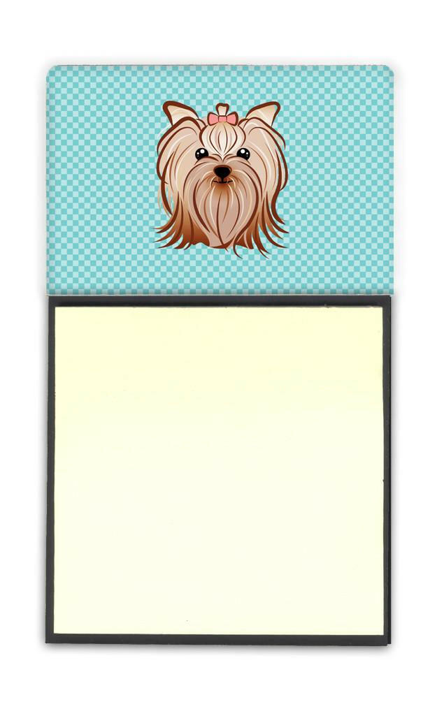 Checkerboard Blue Yorkie Yorkishire Terrier Watercolor Sticky Note Holder Refillable Dispenser Desk Accessory 3x3 Pad Gift