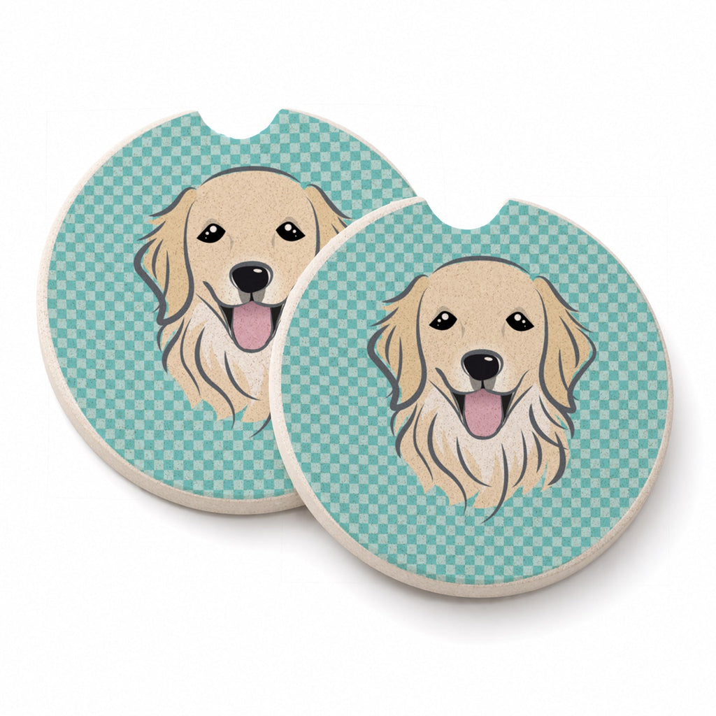 Checkerboard Blue Golden Retriever Set of 2 Cup Holder Car Coasters Absorbent Round Sandstone Coasters Gifts for Men or Women, 2.5, Multicolor