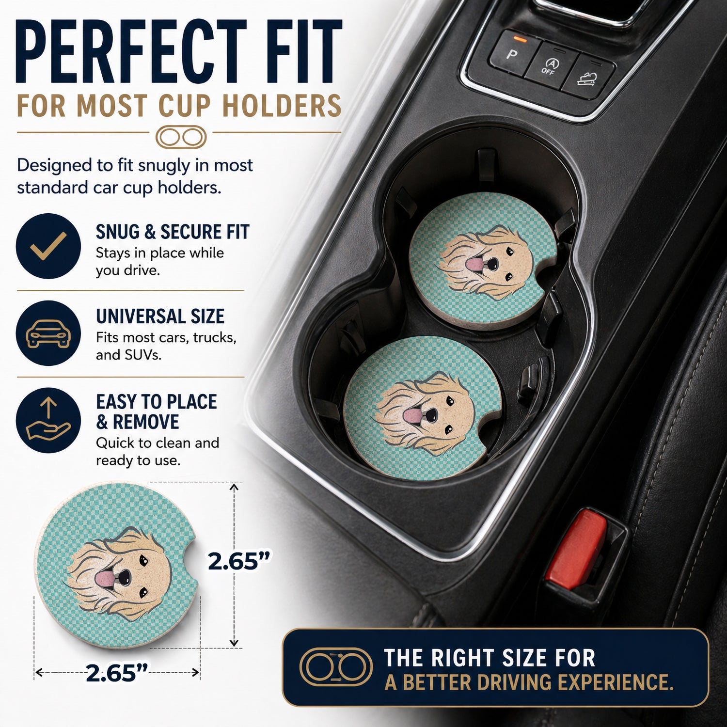 Checkerboard Blue Golden Retriever Set of 2 Cup Holder Car Coasters Absorbent Round Sandstone Coasters Gifts for Men or Women, 2.5, Multicolor