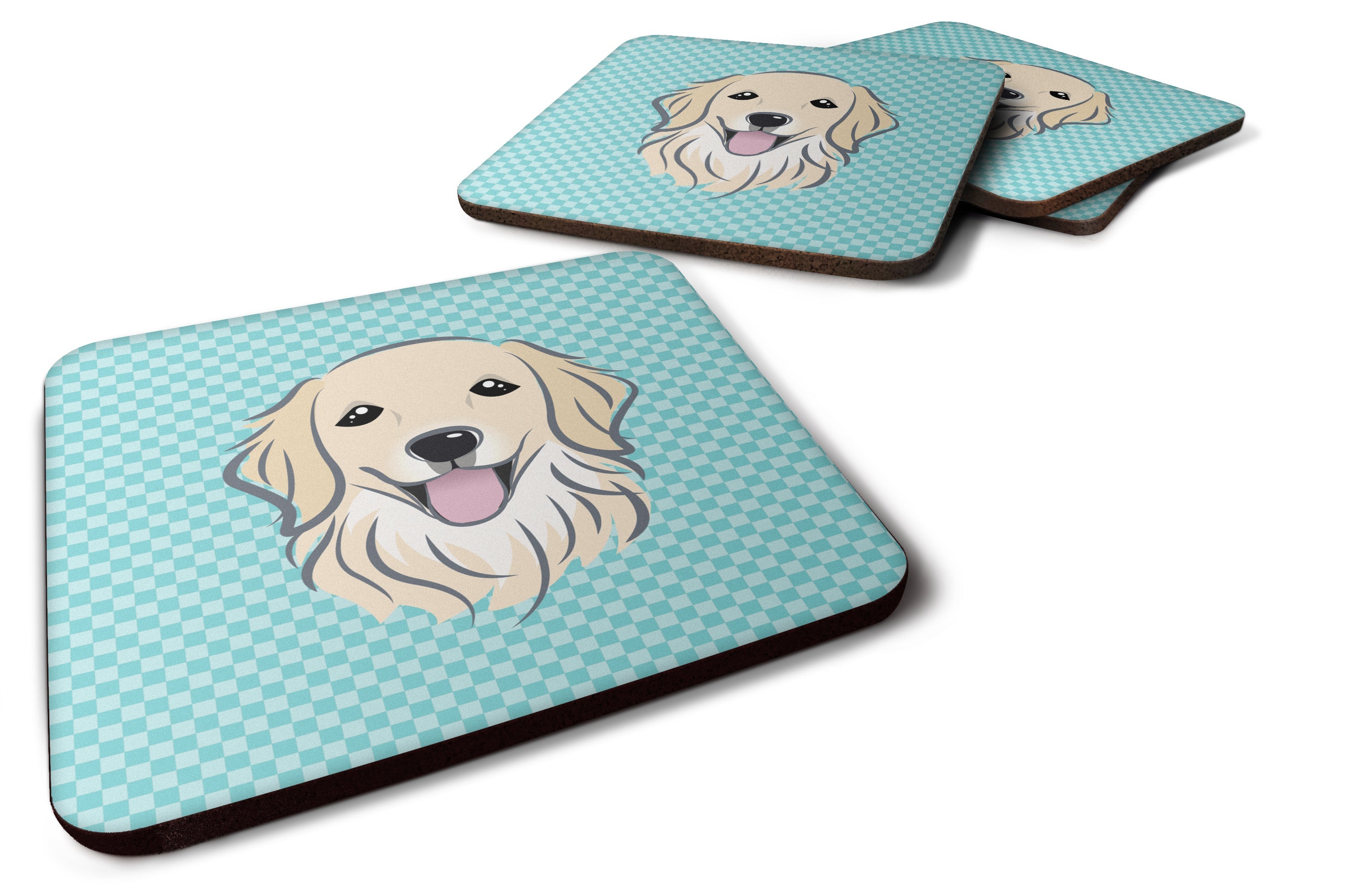 Checkerboard Blue Golden Retriever Foam Coasters Set of 4 Cup Coasters for Indoor Outdoor, Tabletop Protection, Anti Slip, Mouse pad Material