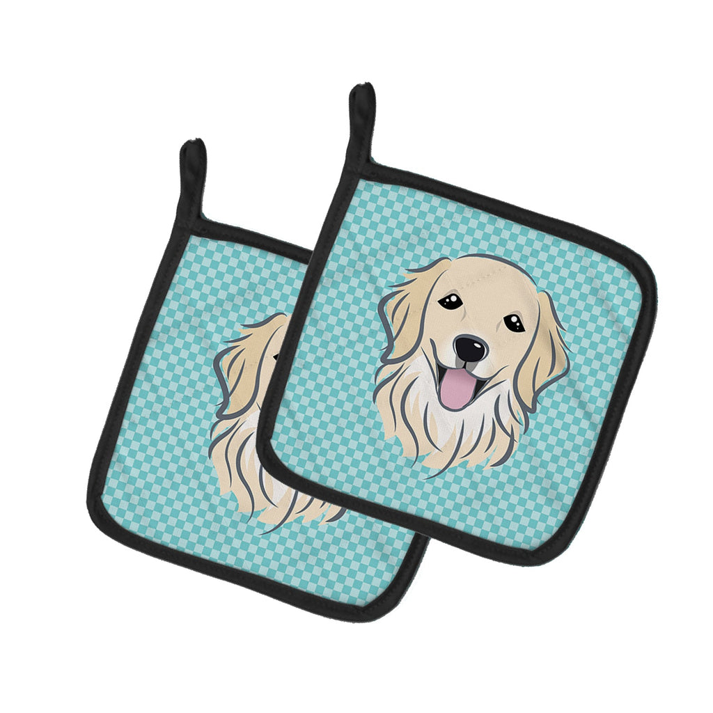 Checkerboard Blue Golden Retriever Pot Holder Set of 2 Heat Resistant Quilted Hot Pads 7.5 x 7.5 Inch, Insulated Kitchen Trivets for Cooking & Baking