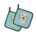 Checkerboard Blue Golden Retriever Pot Holder Set of 2 Heat Resistant Quilted Hot Pads 7.5 x 7.5 Inch, Insulated Kitchen Trivets for Cooking & Baking