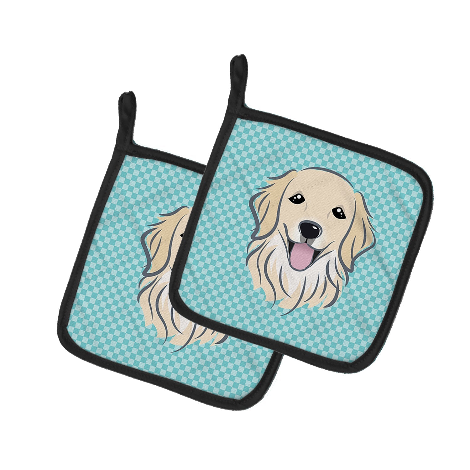 Checkerboard Blue Golden Retriever Pot Holder Set of 2 Heat Resistant Quilted Hot Pads 7.5 x 7.5 Inch, Insulated Kitchen Trivets for Cooking & Baking