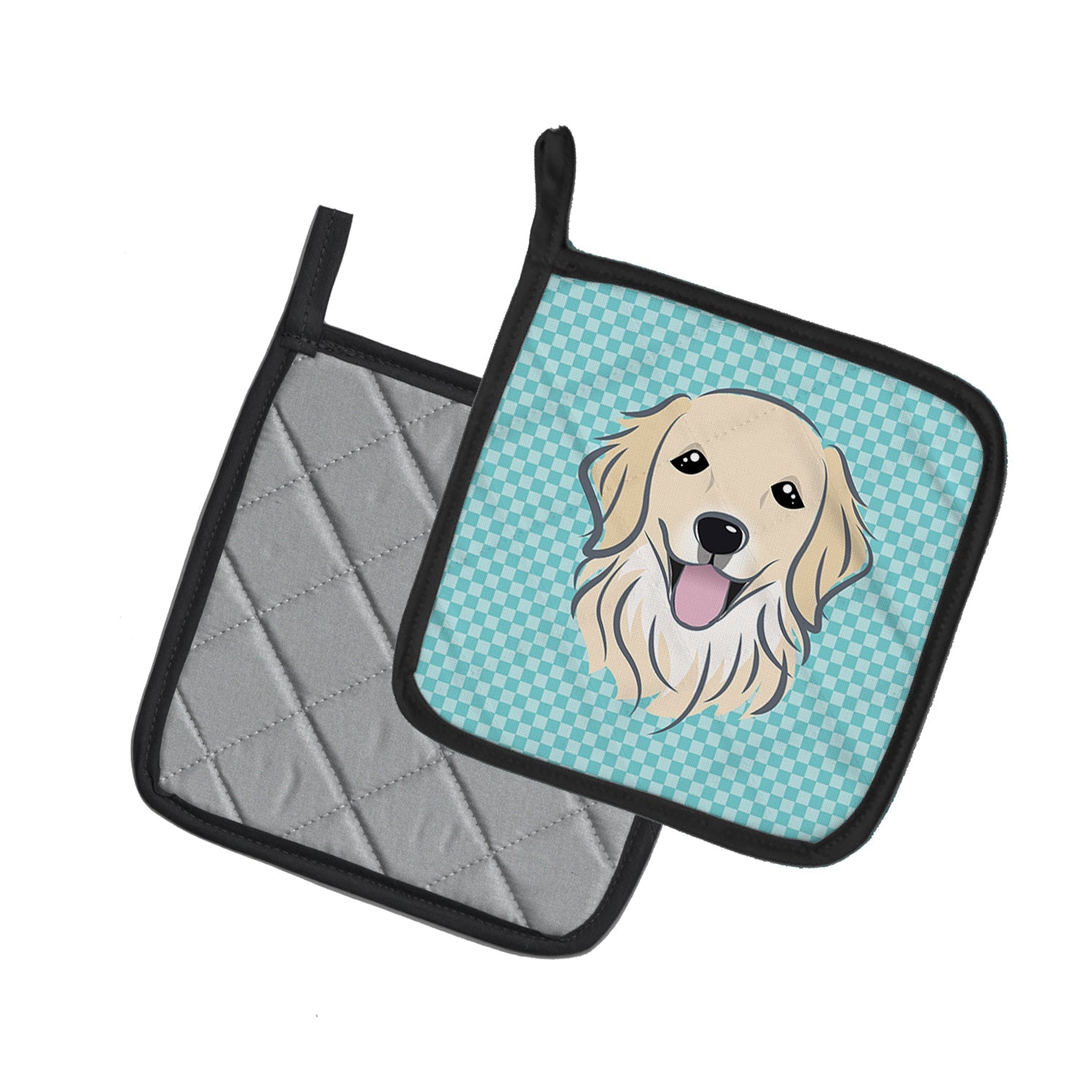 Checkerboard Blue Golden Retriever Pot Holder Set of 2 Heat Resistant Quilted Hot Pads 7.5 x 7.5 Inch, Insulated Kitchen Trivets for Cooking & Baking