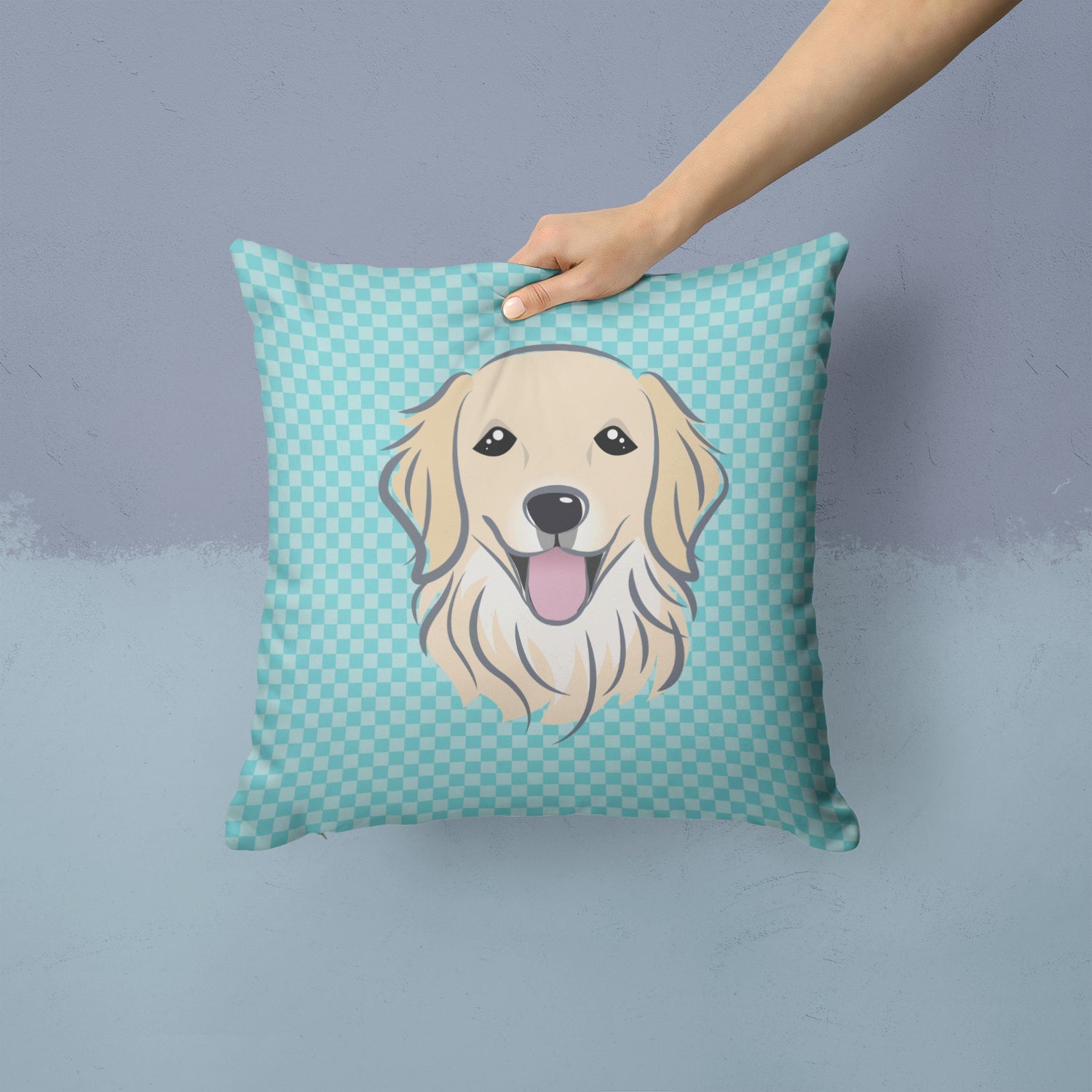 Checkerboard Blue Golden Retriever Decorative Throw Pillow 14x14 Indoor Outdoor Accent Cushion, Fabric Cover with Insert for Sofa, Bed, Porch & Living Room