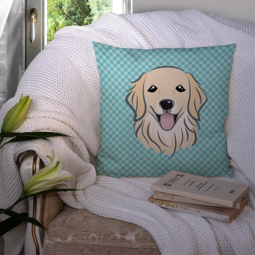 Checkerboard Blue Golden Retriever Decorative Throw Pillow 14x14 Indoor Outdoor Accent Cushion, Fabric Cover with Insert for Sofa, Bed, Porch & Living Room