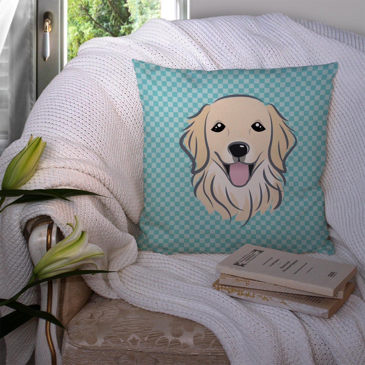 Checkerboard Blue Golden Retriever Decorative Throw Pillow 14x14 Indoor Outdoor Accent Cushion, Fabric Cover with Insert for Sofa, Bed, Porch & Living Room