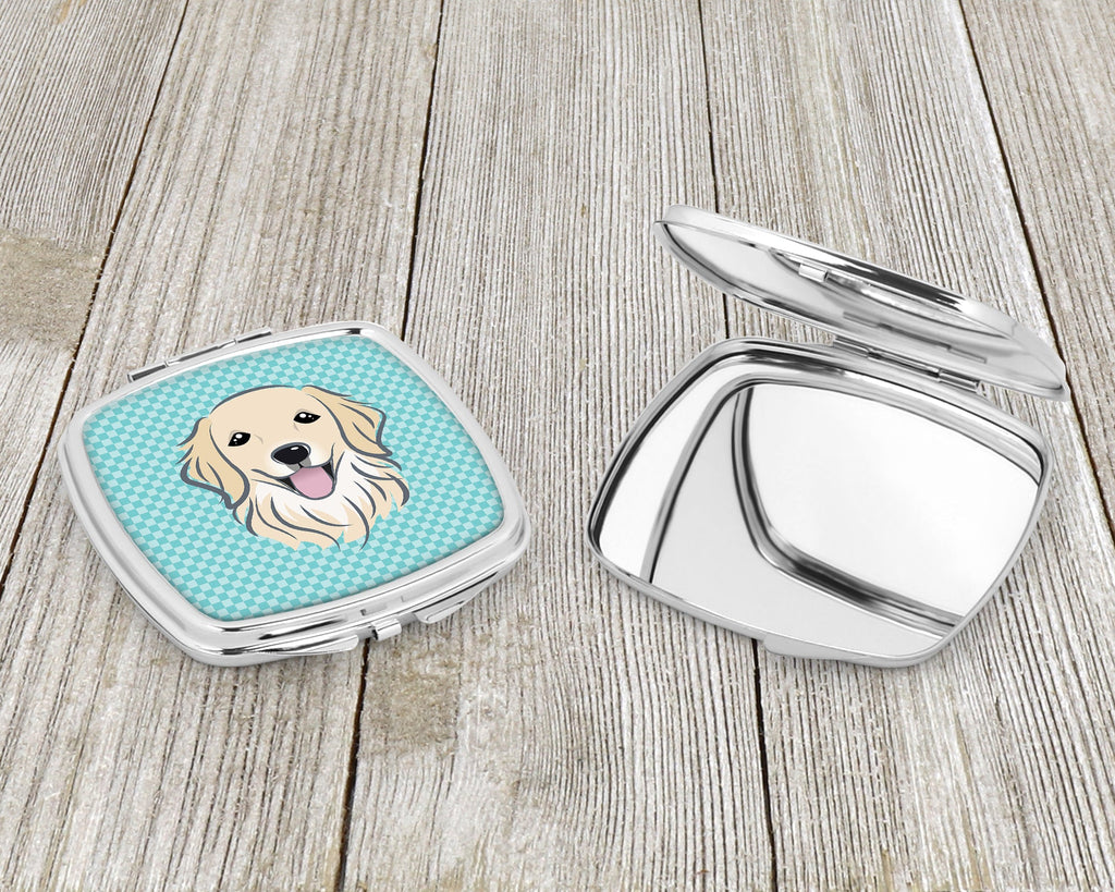 Checkerboard Blue Golden Retriever Compact Mirror Decorative Travel Makeup Mirror for Women Girls Gifts Pocket Makeup Mirror Folding Handheld