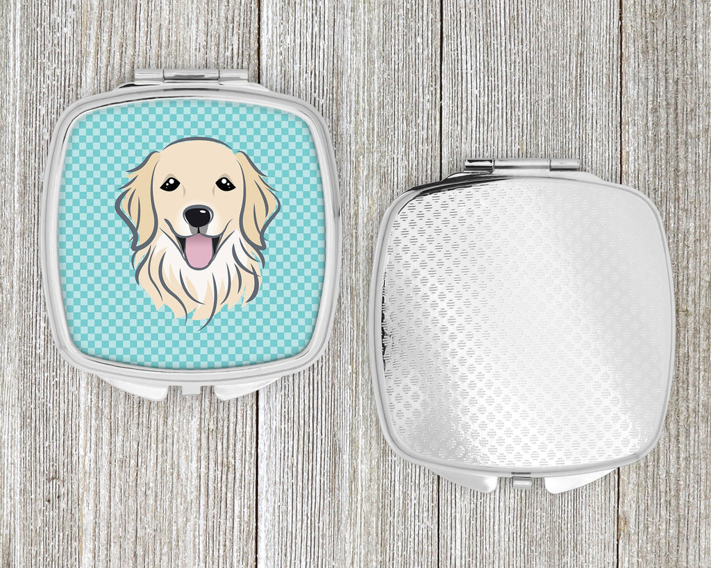 Checkerboard Blue Golden Retriever Compact Mirror Decorative Travel Makeup Mirror for Women Girls Gifts Pocket Makeup Mirror Folding Handheld