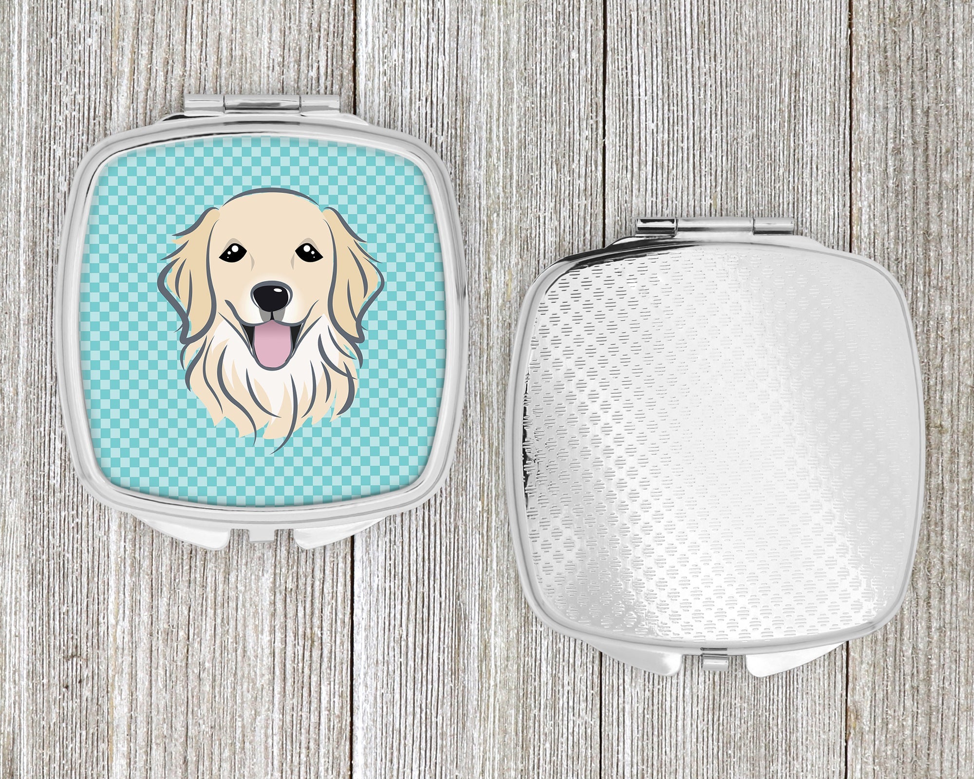 Checkerboard Blue Golden Retriever Compact Mirror Decorative Travel Makeup Mirror for Women Girls Gifts Pocket Makeup Mirror Folding Handheld