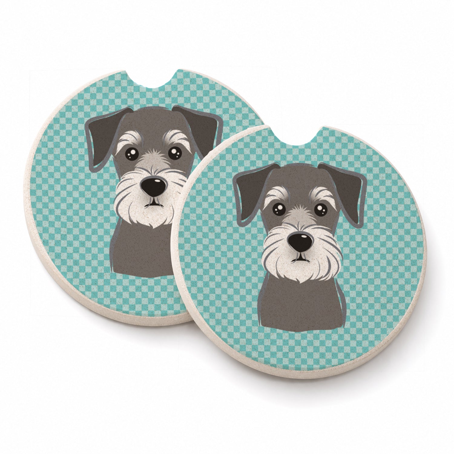 Checkerboard Blue Schnauzer Set of 2 Cup Holder Car Coasters Absorbent Round Sandstone Coasters Gifts for Men or Women, 2.5, Multicolor