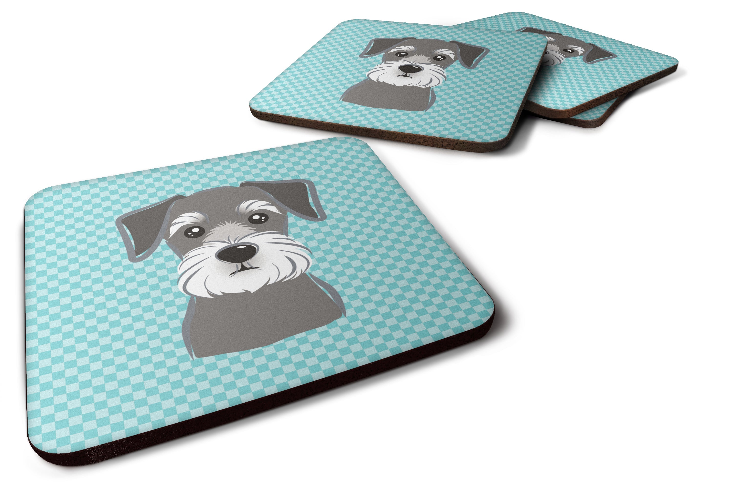 Checkerboard Blue Schnauzer Foam Coasters Set of 4 Cup Coasters for Indoor Outdoor, Tabletop Protection, Anti Slip, Mouse pad Material