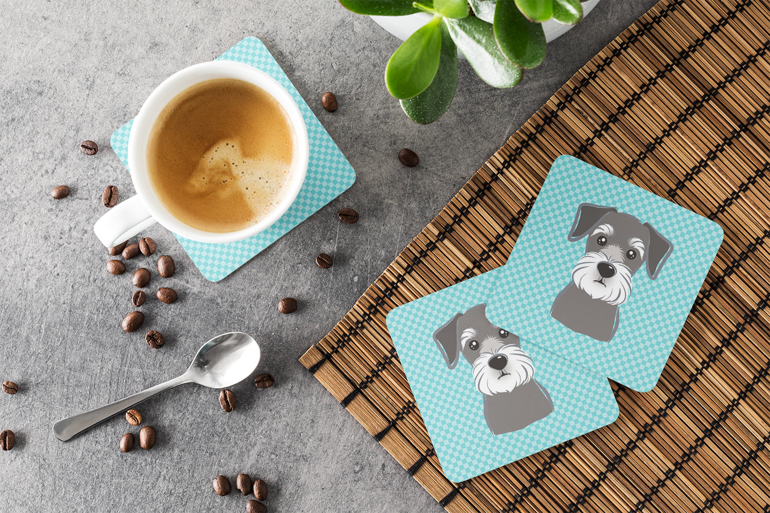 Checkerboard Blue Schnauzer Foam Coasters Set of 4 Cup Coasters for Indoor Outdoor, Tabletop Protection, Anti Slip, Mouse pad Material