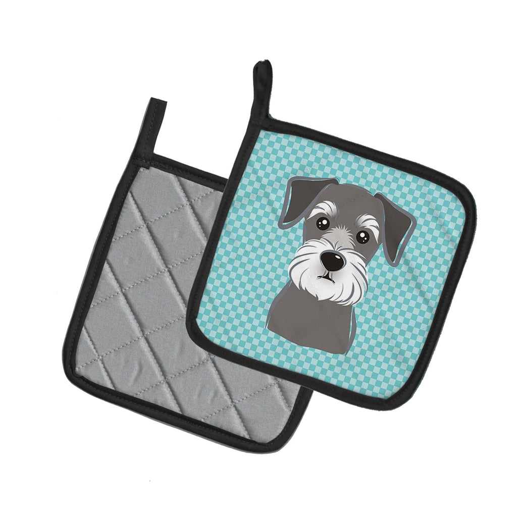 Checkerboard Blue Schnauzer Pot Holder Set of 2 Heat Resistant Quilted Hot Pads 7.5 x 7.5 Inch, Insulated Kitchen Trivets for Cooking & Baking
