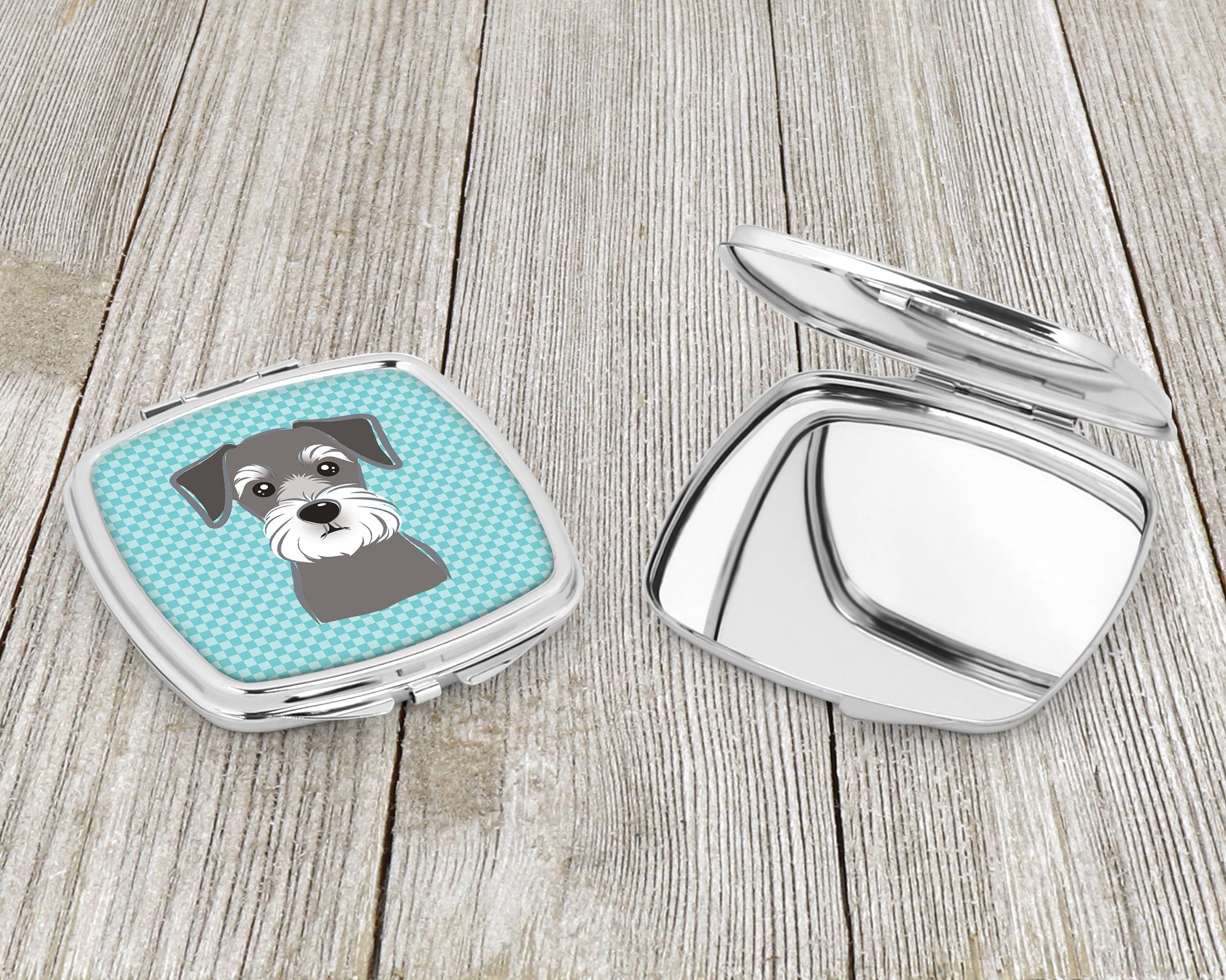Checkerboard Blue Schnauzer Compact Mirror Decorative Travel Makeup Mirror for Women Girls Gifts Pocket Makeup Mirror Folding Handheld