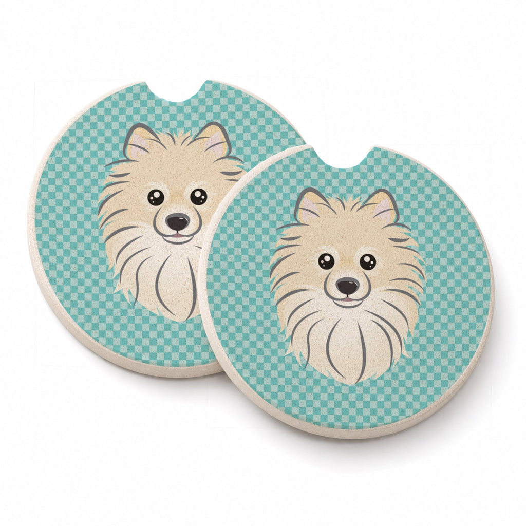 Checkerboard Blue Pomeranian Set of 2 Cup Holder Car Coasters Absorbent Round Sandstone Coasters Gifts for Men or Women, 2.5, Multicolor