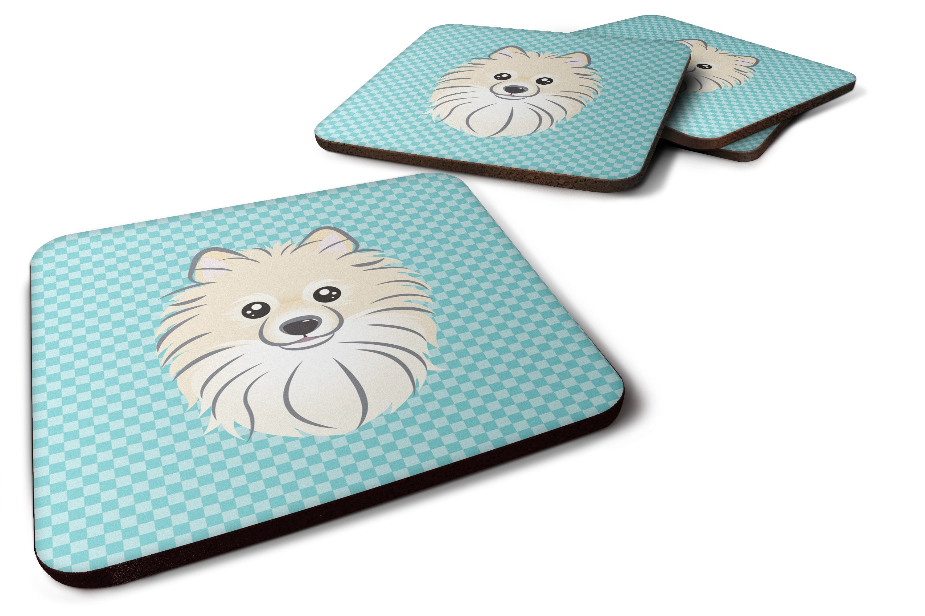 Checkerboard Blue Pomeranian Foam Coasters Set of 4 Cup Coasters for Indoor Outdoor, Tabletop Protection, Anti Slip, Mouse pad Material