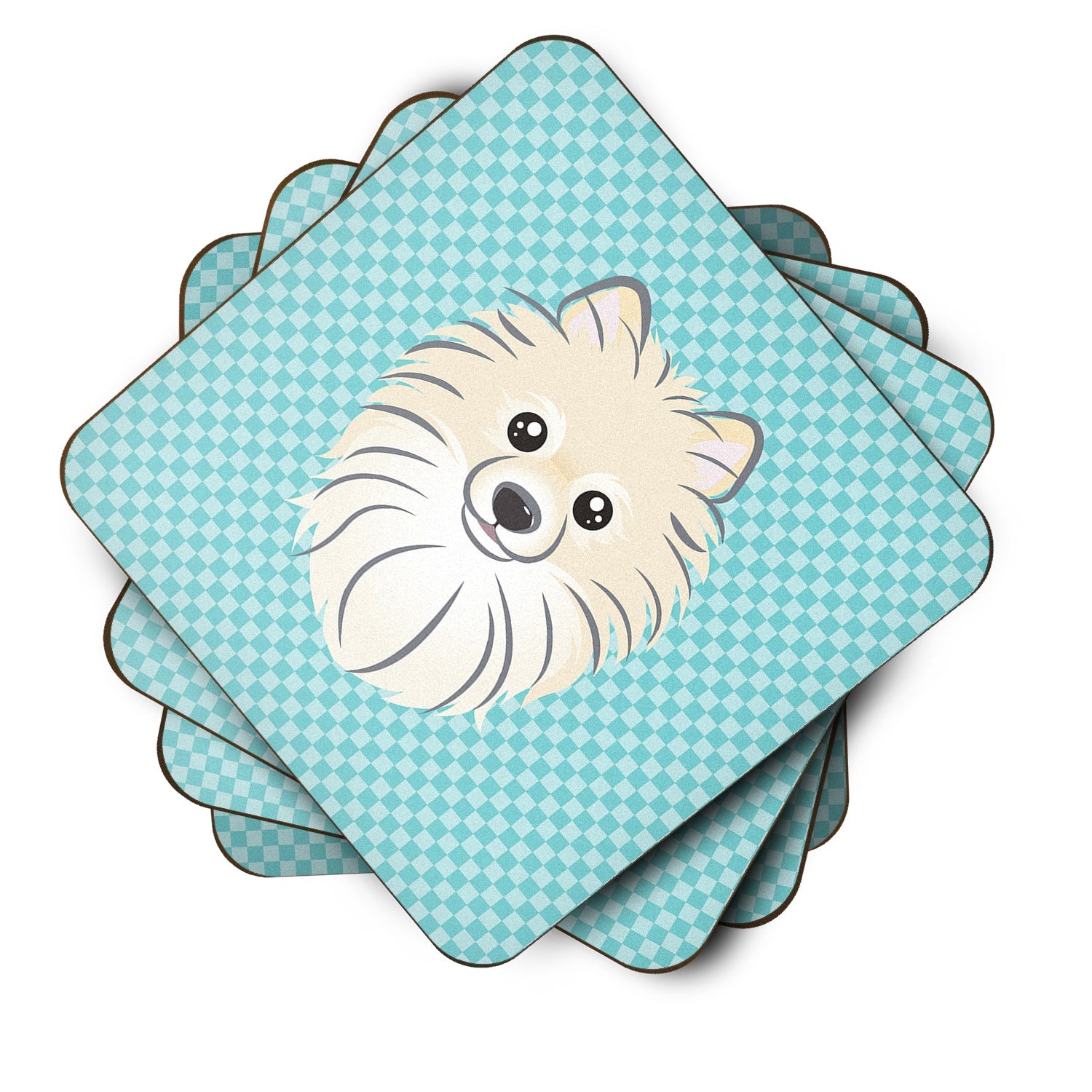 Checkerboard Blue Pomeranian Foam Coasters Set of 4 Cup Coasters for Indoor Outdoor, Tabletop Protection, Anti Slip, Mouse pad Material