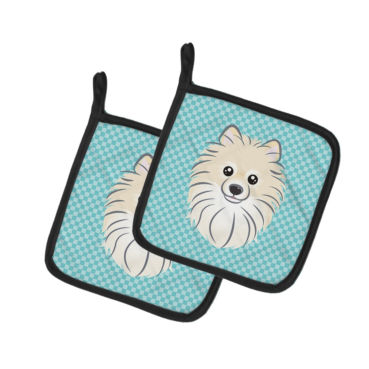Checkerboard Blue Pomeranian Pot Holder Set of 2 Heat Resistant Quilted Hot Pads 7.5 x 7.5 Inch, Insulated Kitchen Trivets for Cooking & Baking