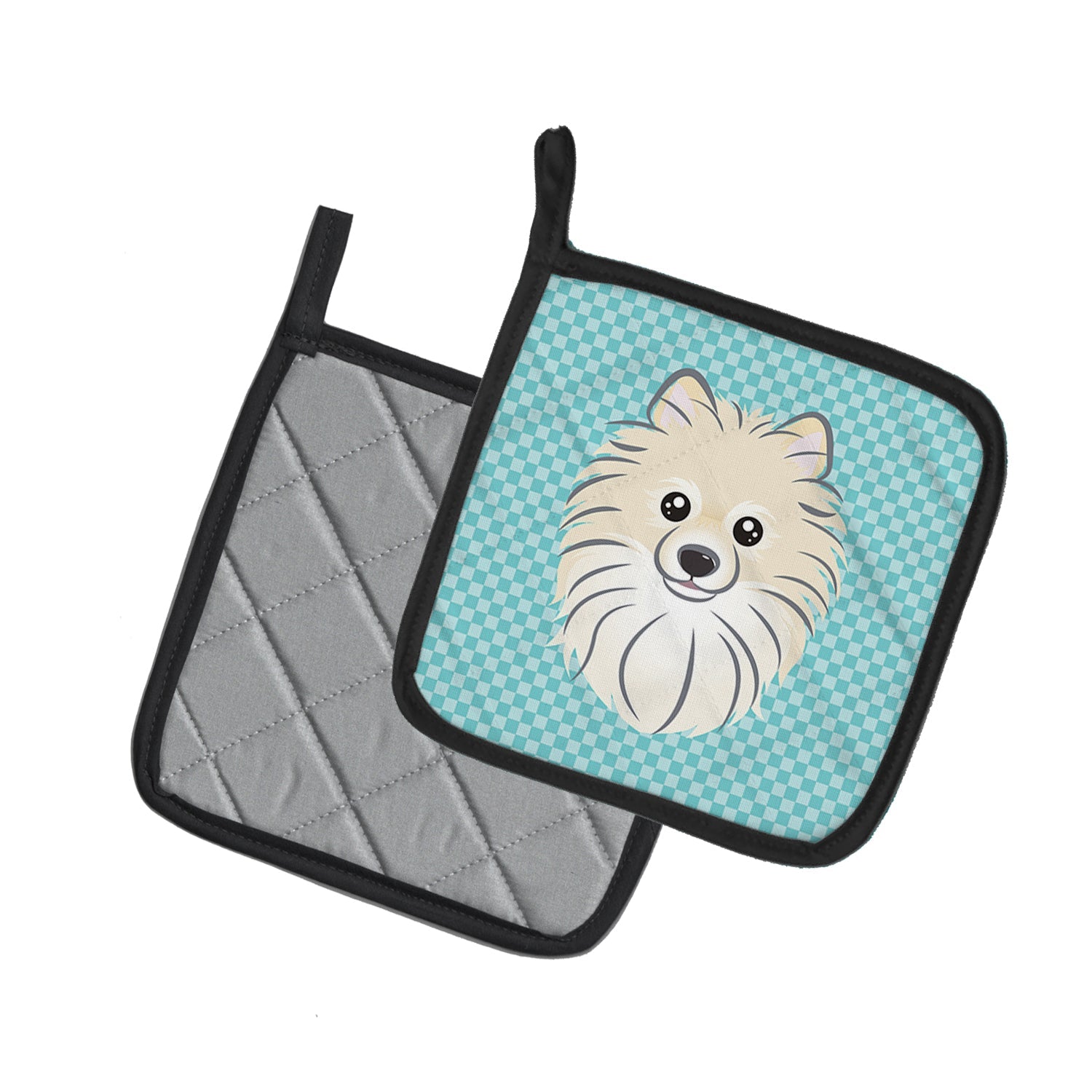 Checkerboard Blue Pomeranian Pot Holder Set of 2 Heat Resistant Quilted Hot Pads 7.5 x 7.5 Inch, Insulated Kitchen Trivets for Cooking & Baking