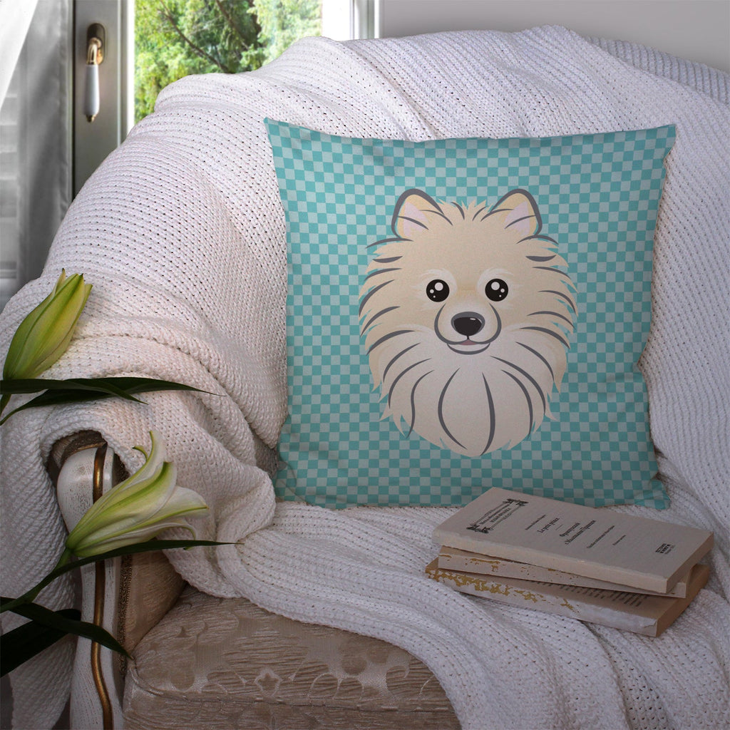 Checkerboard Blue Pomeranian Decorative Throw Pillow 14x14 Indoor Outdoor Accent Cushion, Fabric Cover with Insert for Sofa, Bed, Porch & Living Room