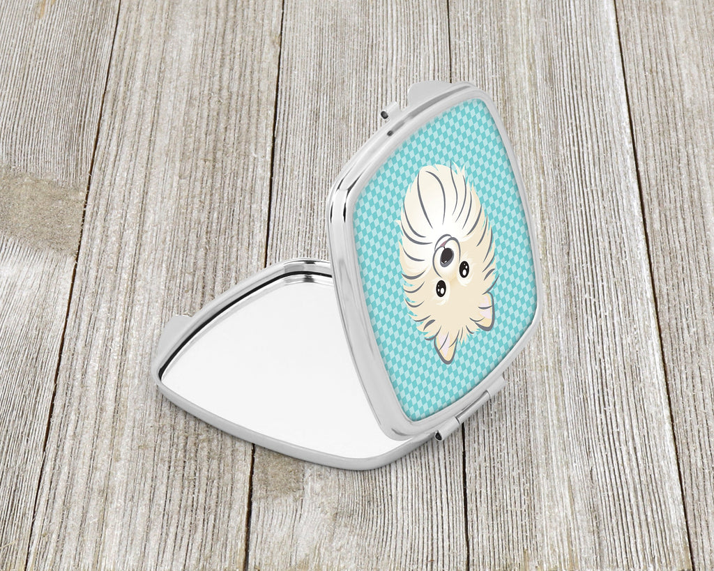 Checkerboard Blue Pomeranian Compact Mirror Decorative Travel Makeup Mirror for Women Girls Gifts Pocket Makeup Mirror Folding Handheld