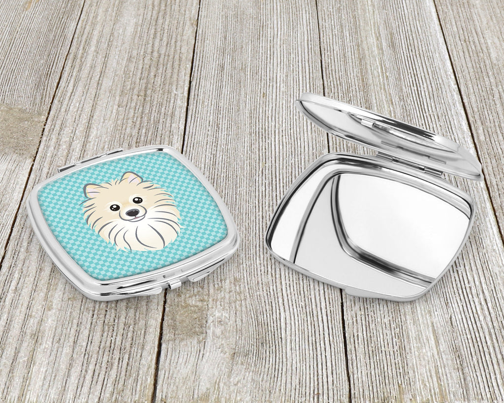 Checkerboard Blue Pomeranian Compact Mirror Decorative Travel Makeup Mirror for Women Girls Gifts Pocket Makeup Mirror Folding Handheld