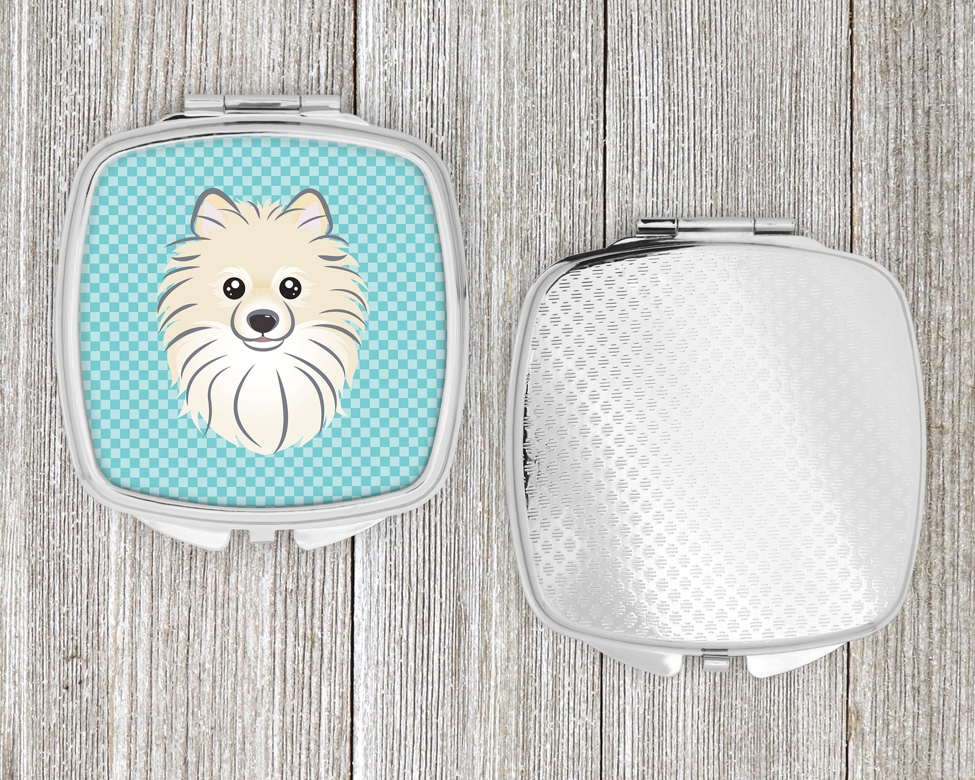 Checkerboard Blue Pomeranian Compact Mirror Decorative Travel Makeup Mirror for Women Girls Gifts Pocket Makeup Mirror Folding Handheld