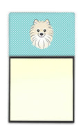 Checkerboard Blue Pomeranian Watercolor Sticky Note Holder Refillable Dispenser Desk Accessory 3x3 Pad Gift