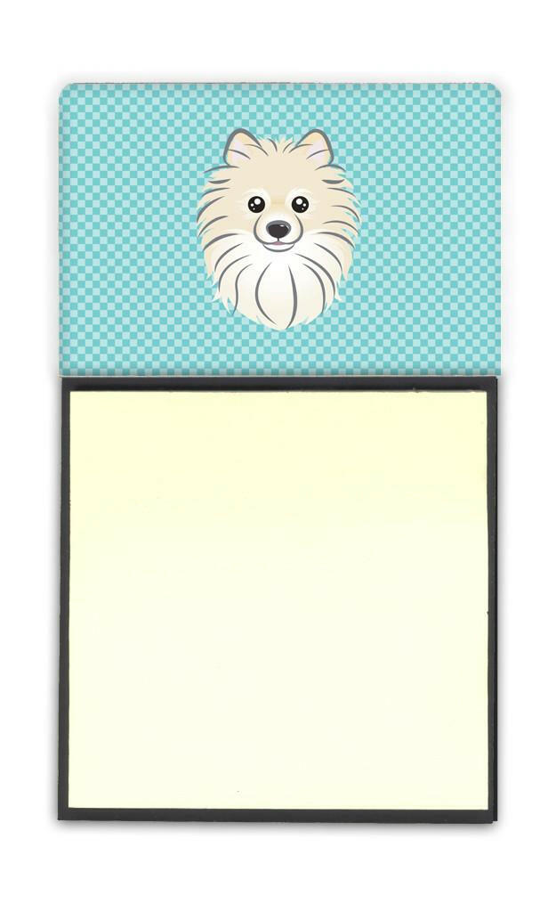 Checkerboard Blue Pomeranian Watercolor Sticky Note Holder Refillable Dispenser Desk Accessory 3x3 Pad Gift