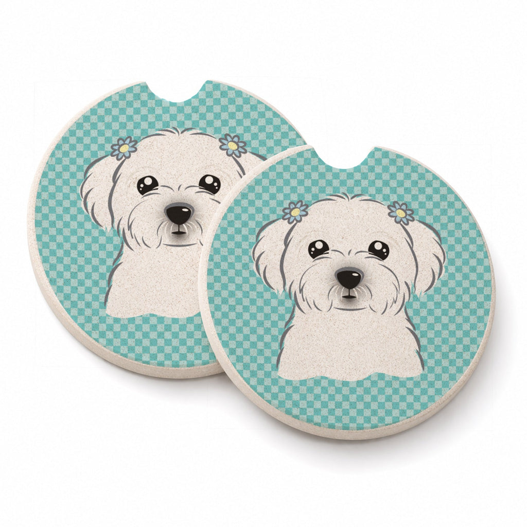 Checkerboard Blue Maltese Set of 2 Cup Holder Car Coasters Absorbent Round Sandstone Coasters Gifts for Men or Women, 2.5, Multicolor