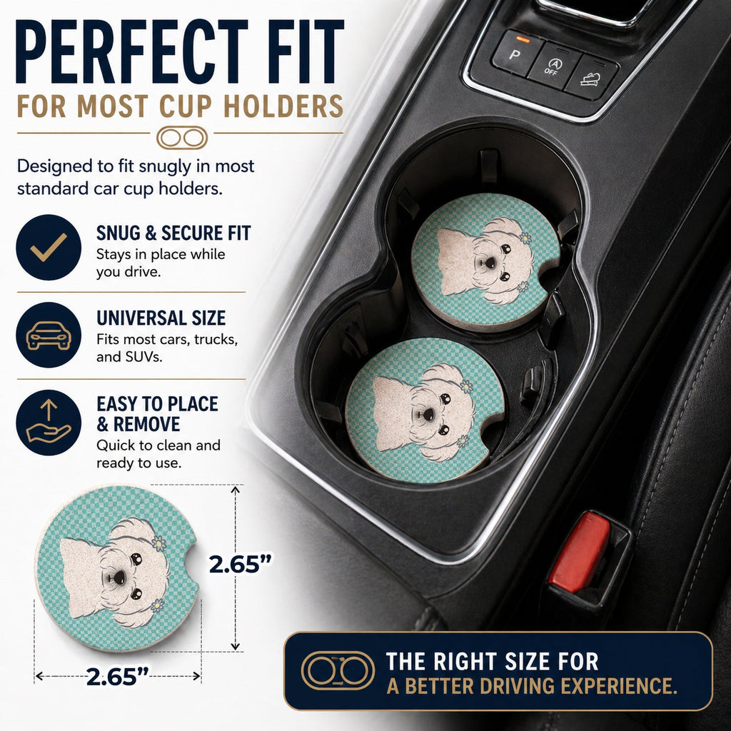 Checkerboard Blue Maltese Set of 2 Cup Holder Car Coasters Absorbent Round Sandstone Coasters Gifts for Men or Women, 2.5, Multicolor
